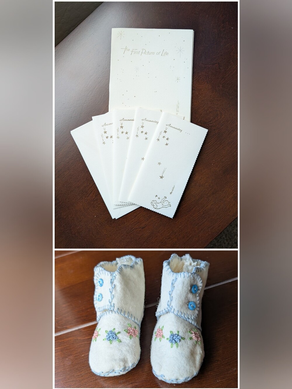 Vintage 1960s Baby Announcement Cards with Envelopes & Photo, Handmade Slippers